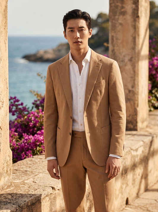 Camel Cotton Groomsmen Suit — Custom Made to Measure - front view