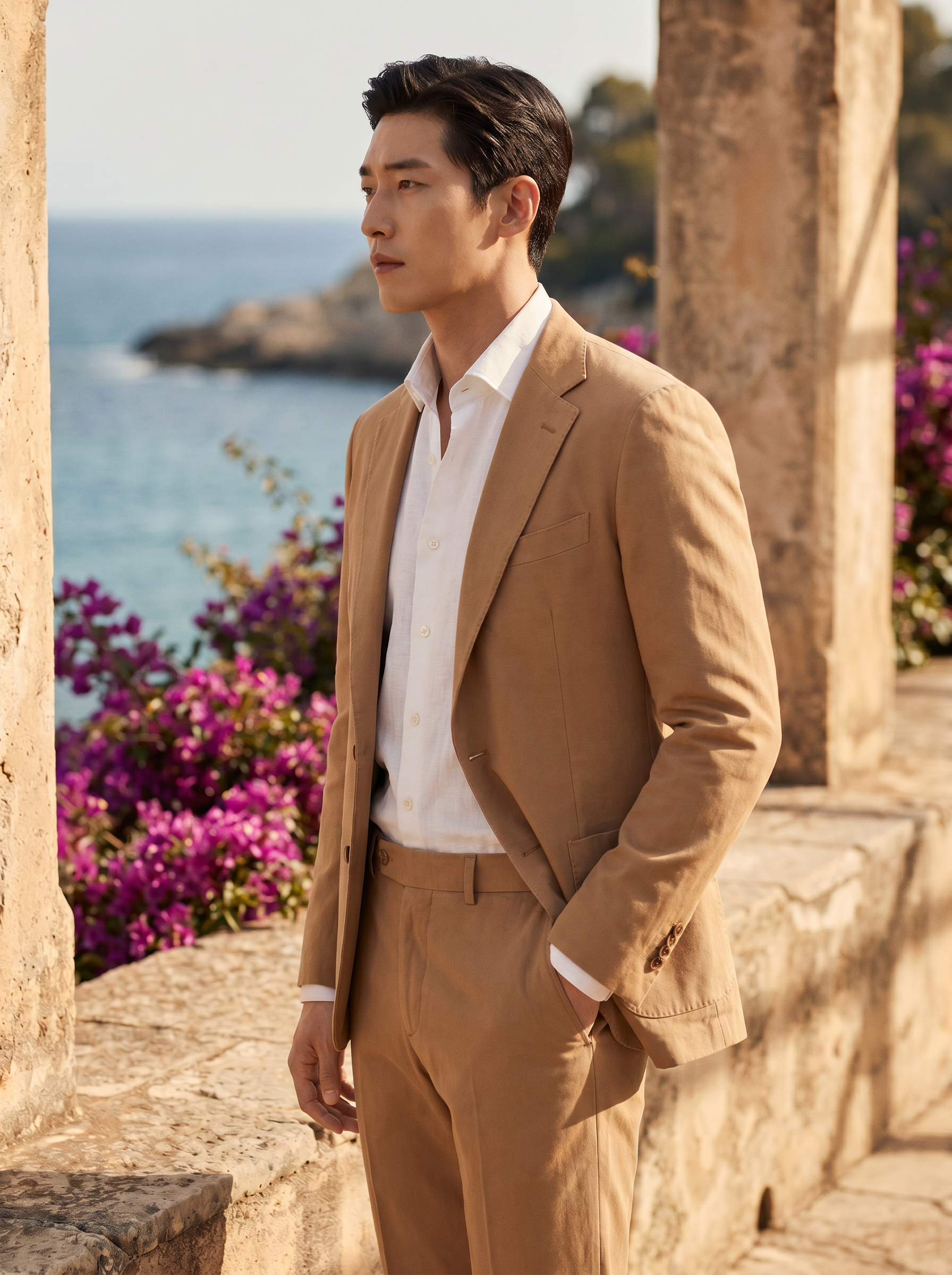 Camel Cotton Groomsmen Suit — Custom Made to Measure - side view
