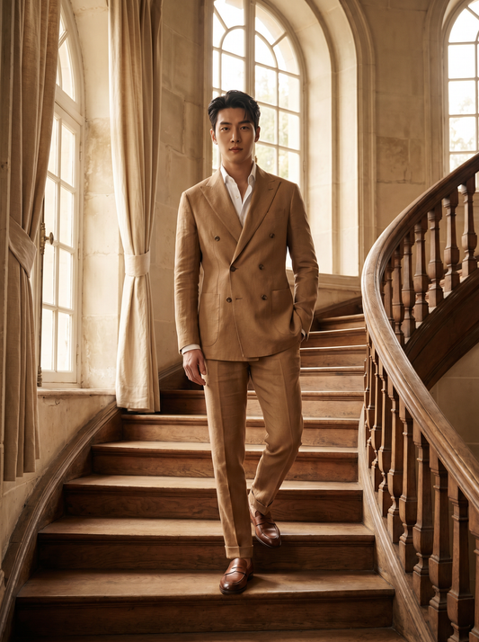 Camel Linen Double Breasted Suit — Custom Made to Measure - front view