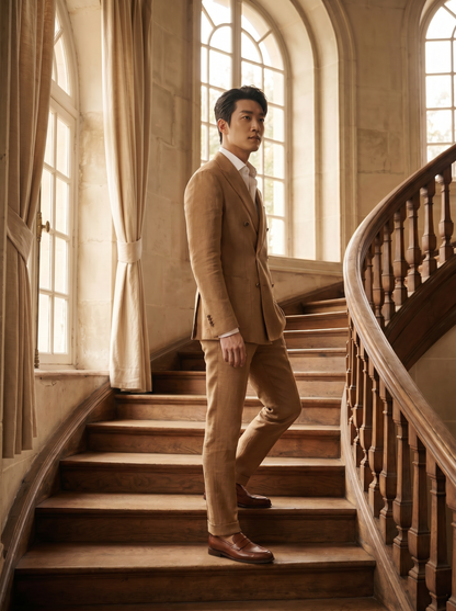 Camel Linen Double Breasted Suit — Custom Made to Measure - side view