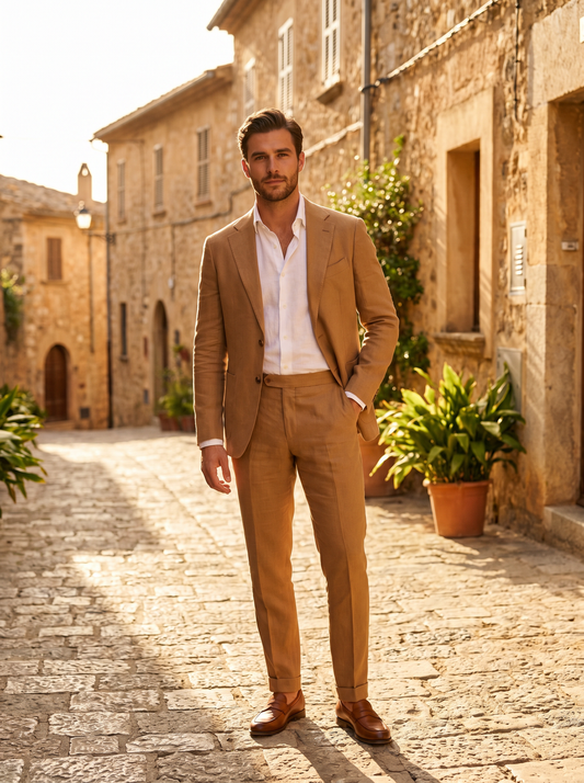 Camel Linen Groomsmen Suit — Custom Made to Measure - front view