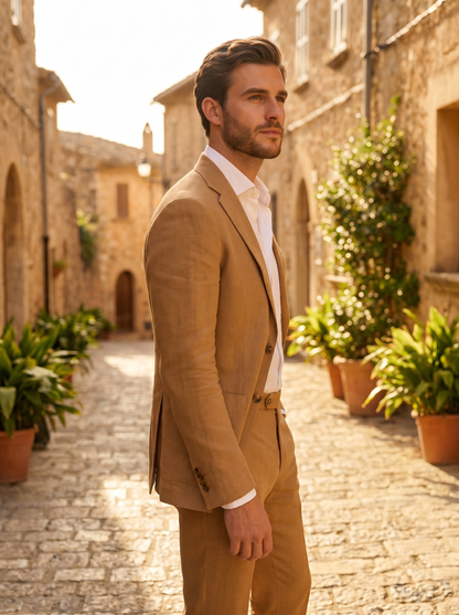 Camel Linen Groomsmen Suit — Custom Made to Measure - side view
