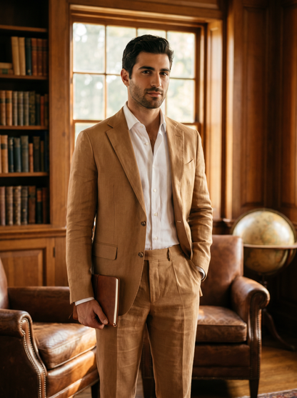 Camel Linen Suit — Custom Made to Measure - front view