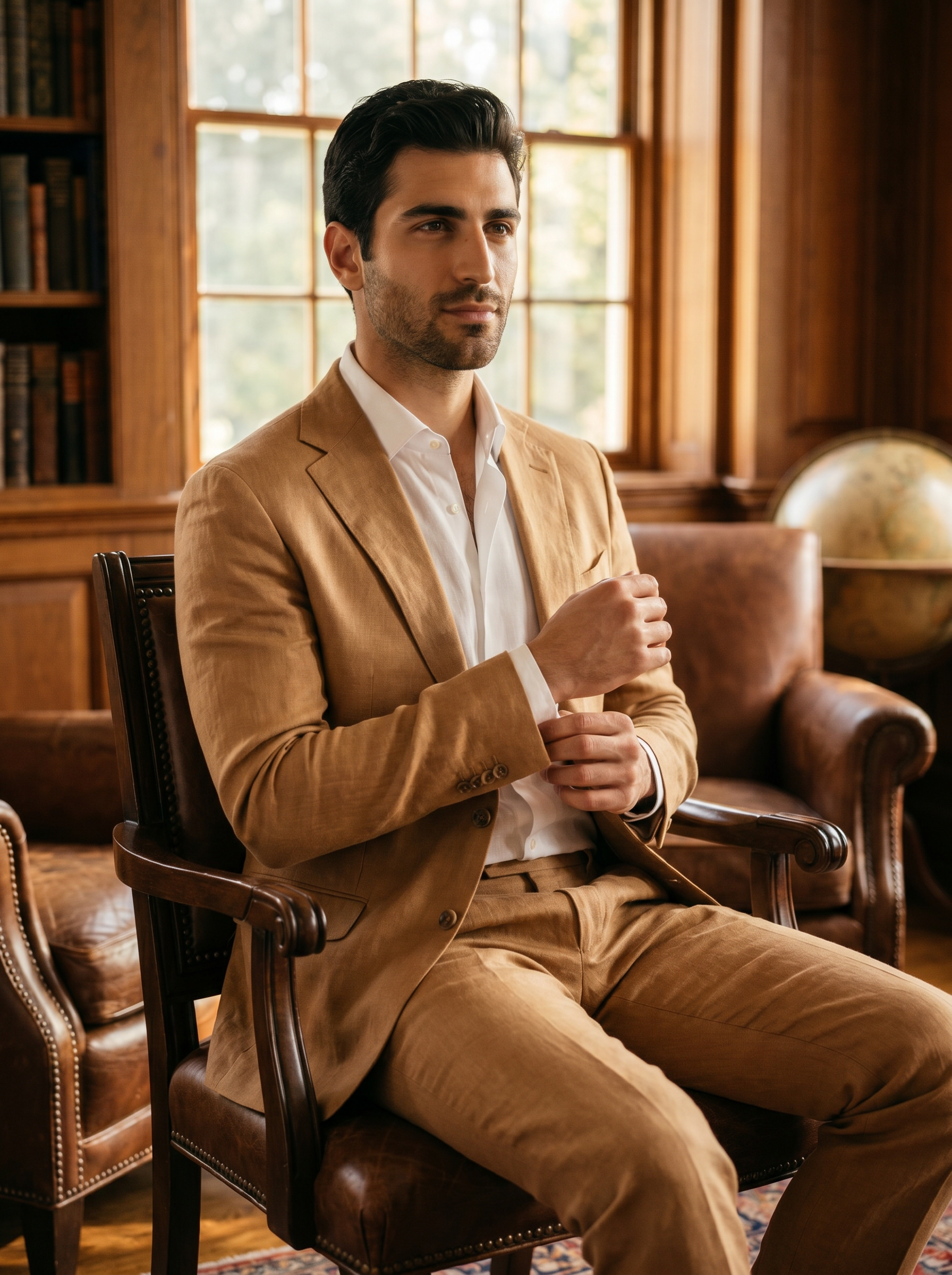 Camel Linen Suit — Custom Made to Measure - seated view