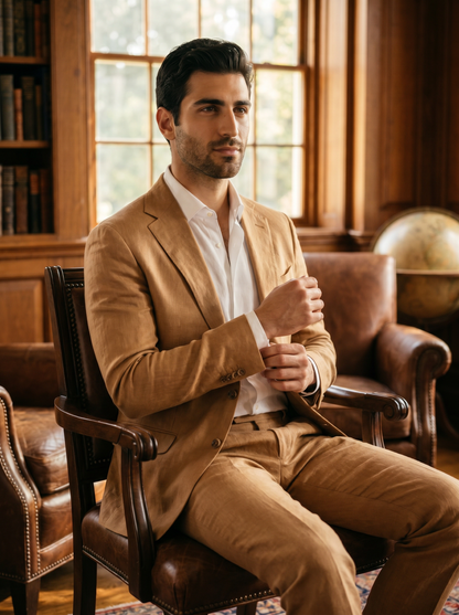 Camel Linen Suit — Custom Made to Measure - seated view
