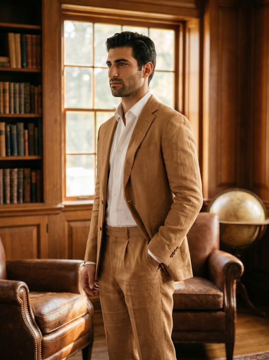 Camel Linen Suit — Custom Made to Measure - side view