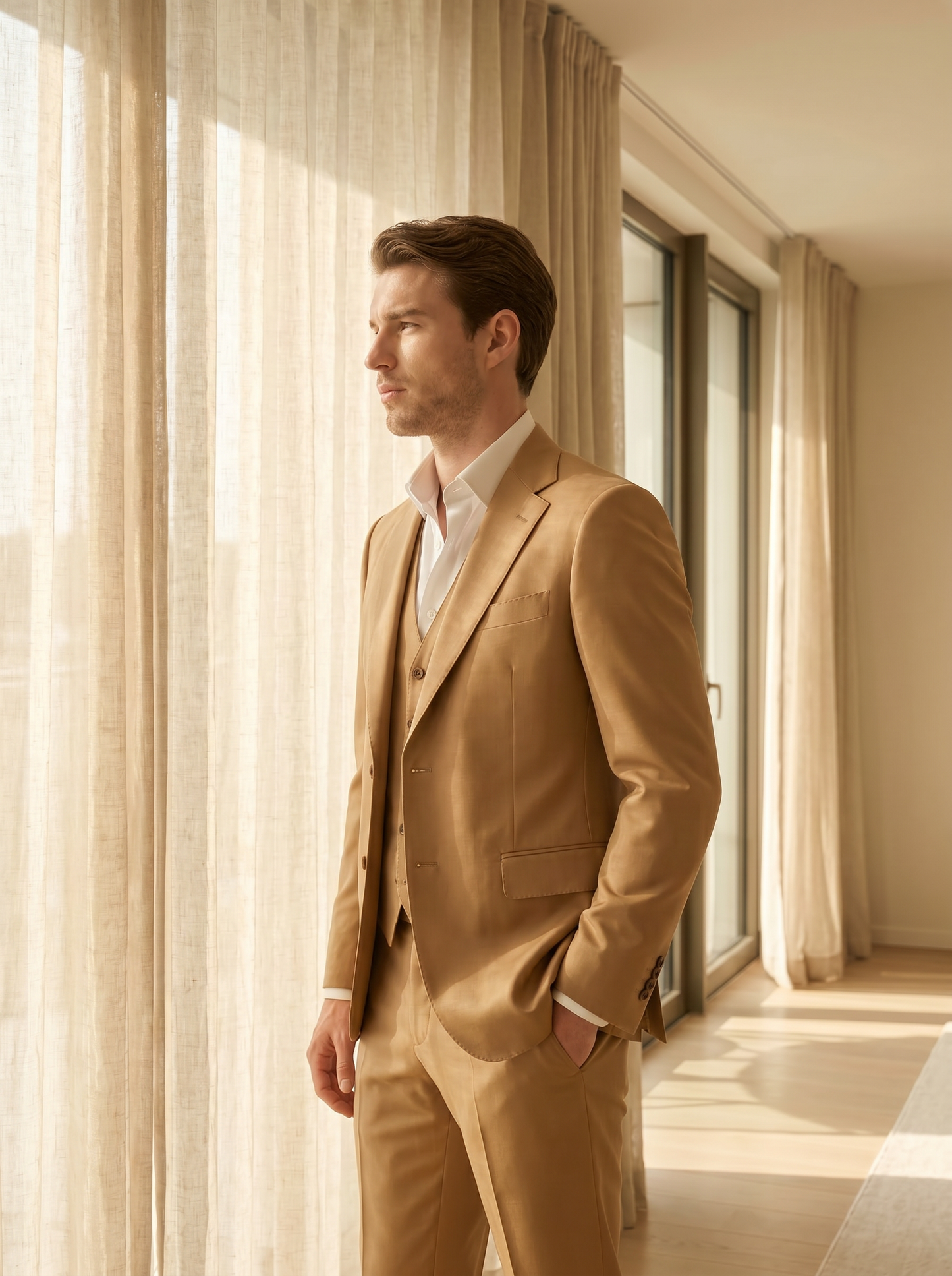 Camel Silk Blend 3-Piece Suit — Custom Made to Measure - side view
