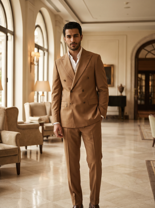 Camel Silk Blend Double Breasted Suit — Custom Made to Measure - front view