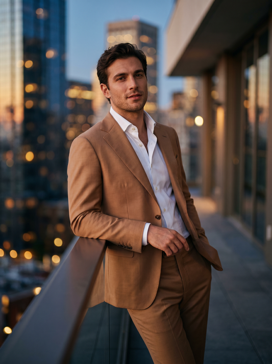 Camel Silk Blend Groomsmen Suit — Custom Made to Measure - front view