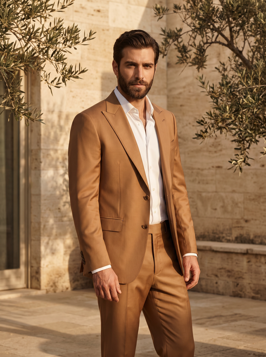 Camel Silk Blend Suit — Custom Made to Measure - front view