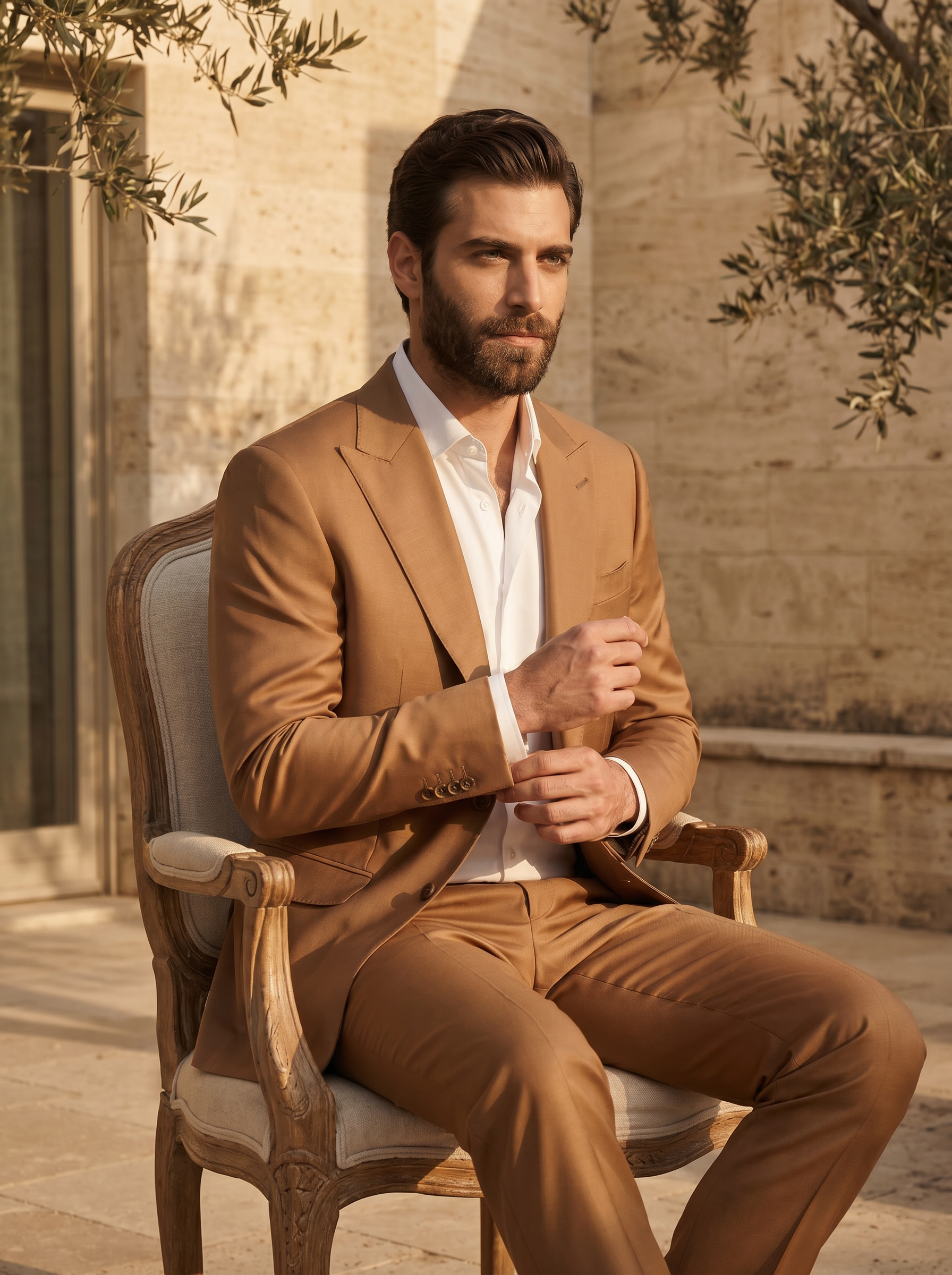Camel Silk Blend Suit — Custom Made to Measure - seated view