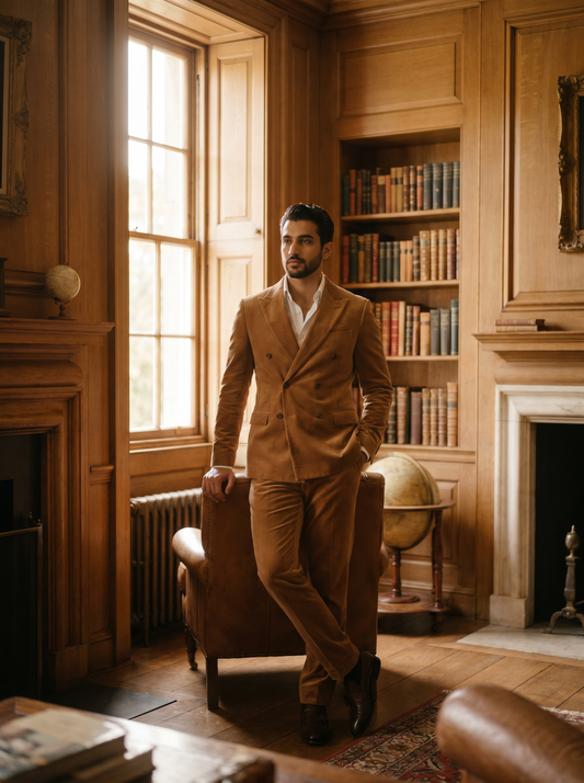 Camel Velvet Double Breasted Suit — Custom Made to Measure - front view