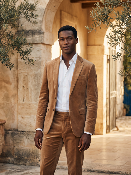 Camel Velvet Groomsmen Suit — Custom Made to Measure - front view