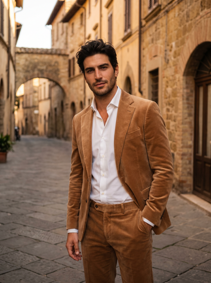 Camel Velvet Suit — Custom Made to Measure - front view