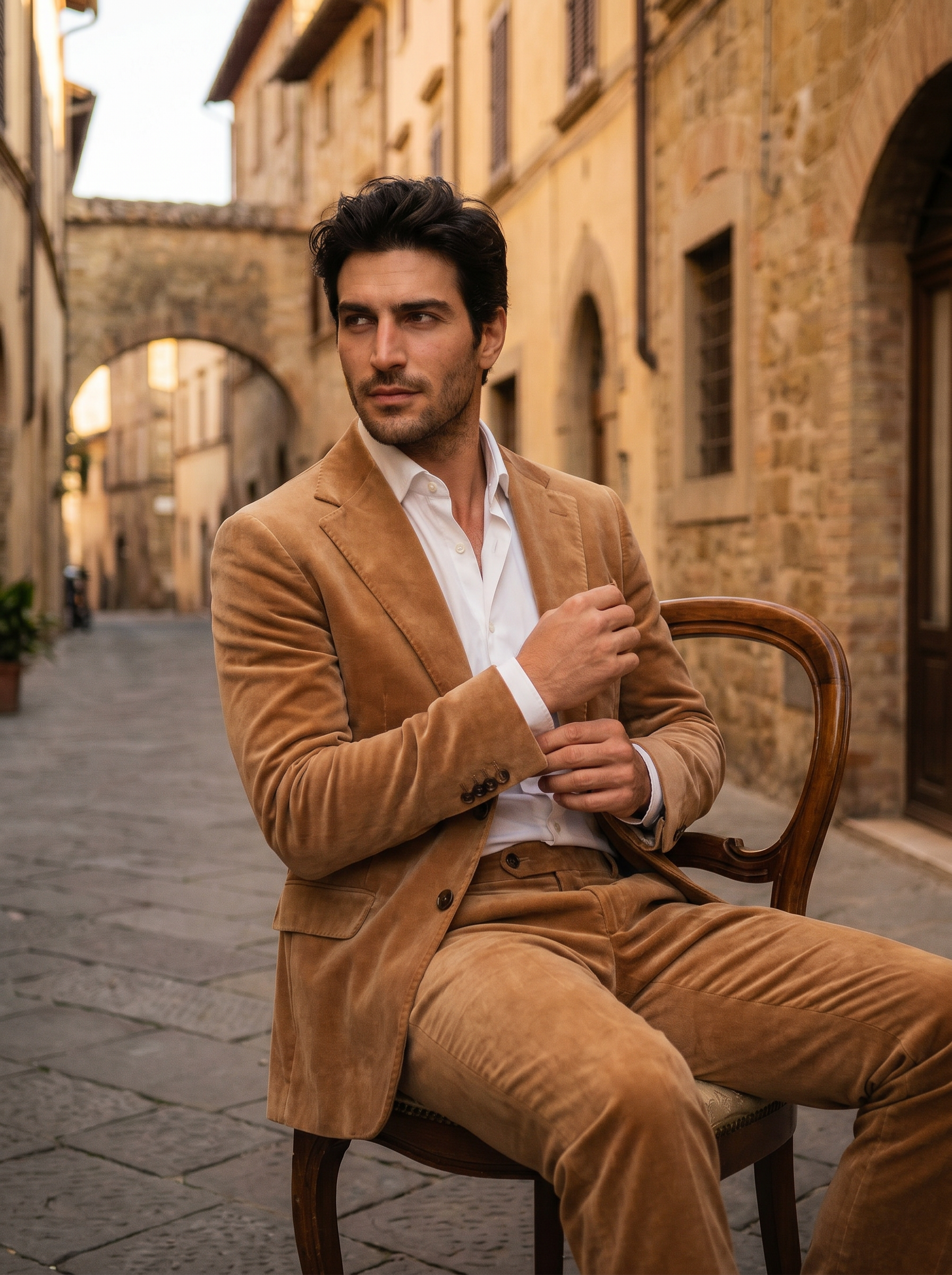Camel Velvet Suit — Custom Made to Measure - seated view