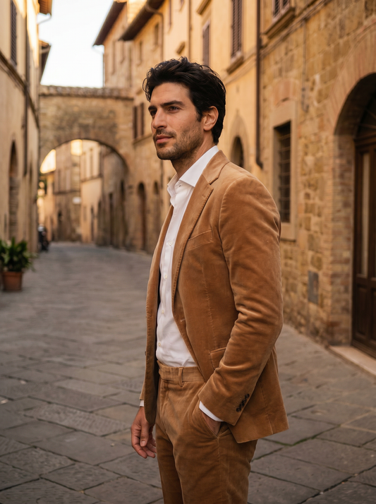 Camel Velvet Suit — Custom Made to Measure - side view