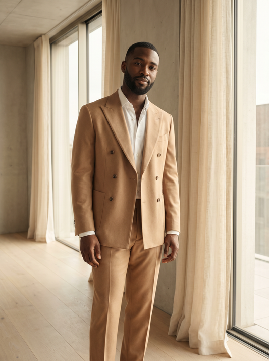 Camel Wool Double Breasted Suit — Custom Made to Measure - front view