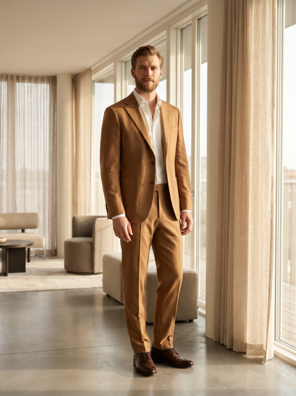 Camel Wool Groomsmen Suit — Custom Made to Measure - front view