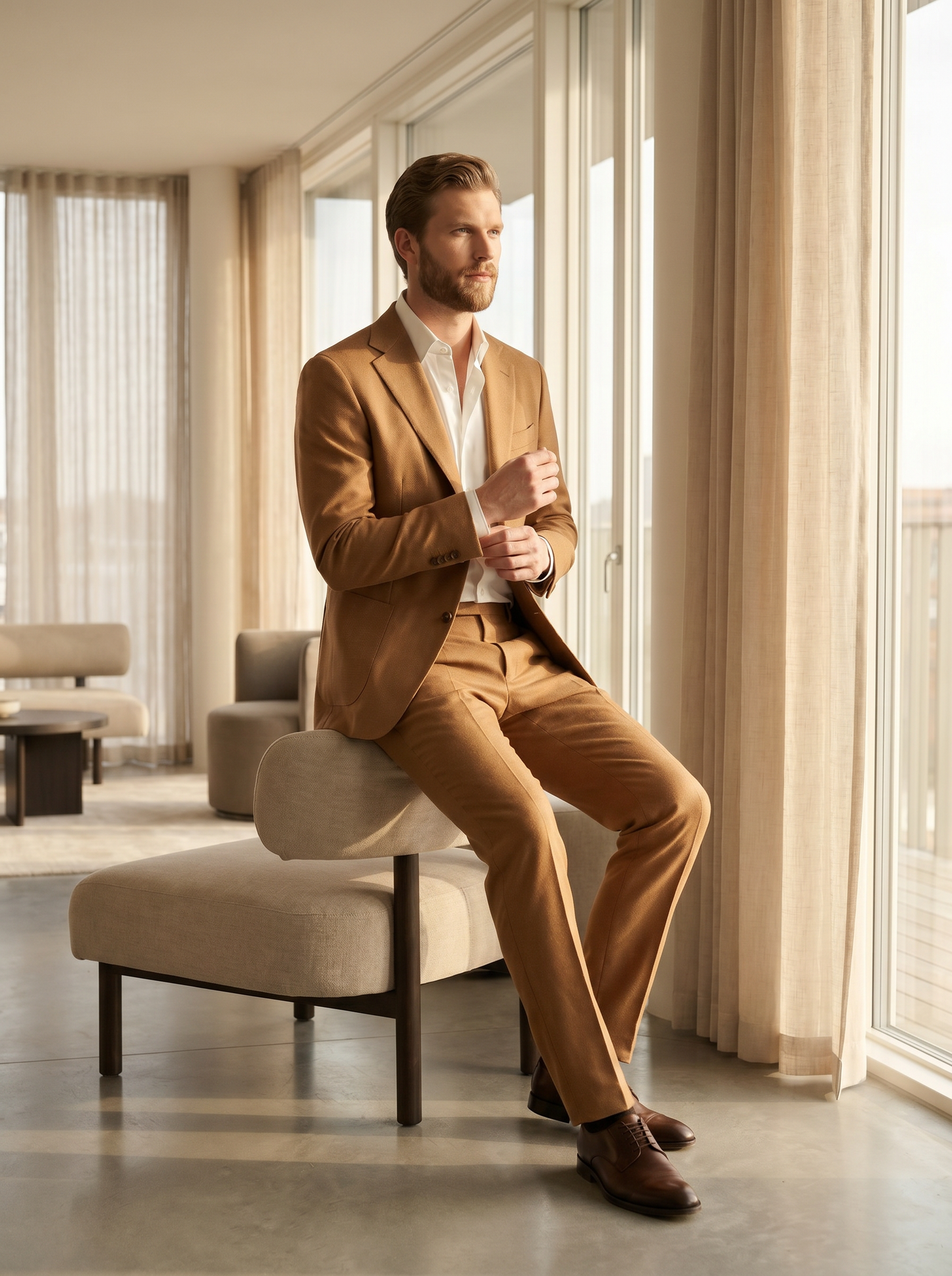 Camel Wool Groomsmen Suit — Custom Made to Measure - seated view