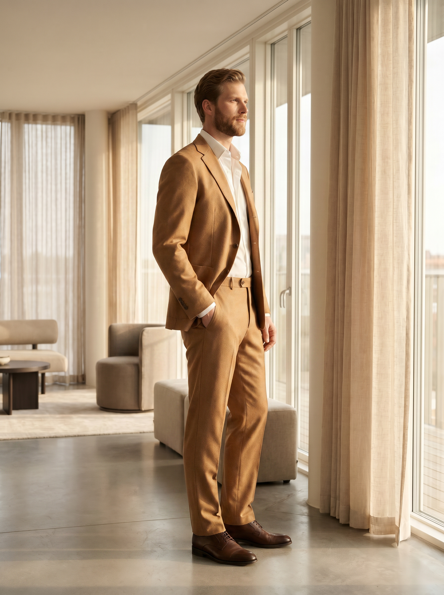Camel Wool Groomsmen Suit — Custom Made to Measure - side view