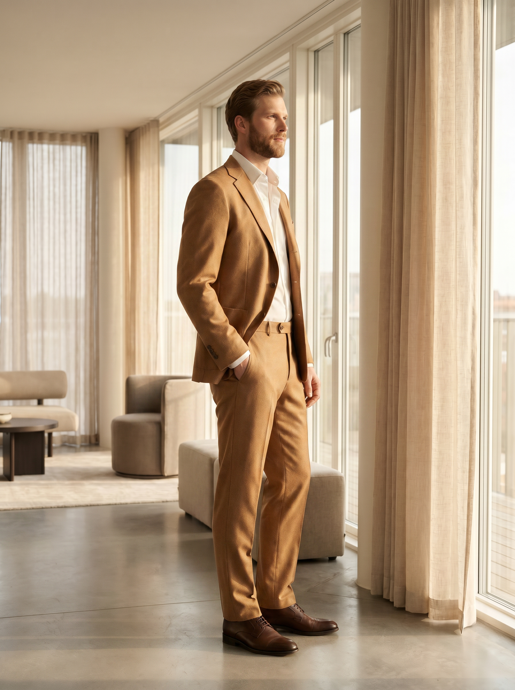 Camel Wool Groomsmen Suit — Custom Made to Measure - side view