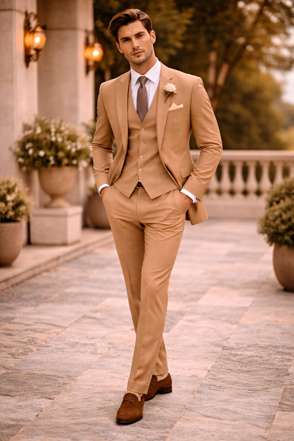 Camel Cotton Cocktail Party Suit — Custom Made to Measure
