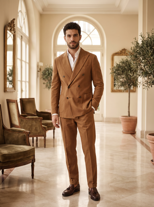 Caramel Cotton Double Breasted Suit — Custom Made to Measure - front view
