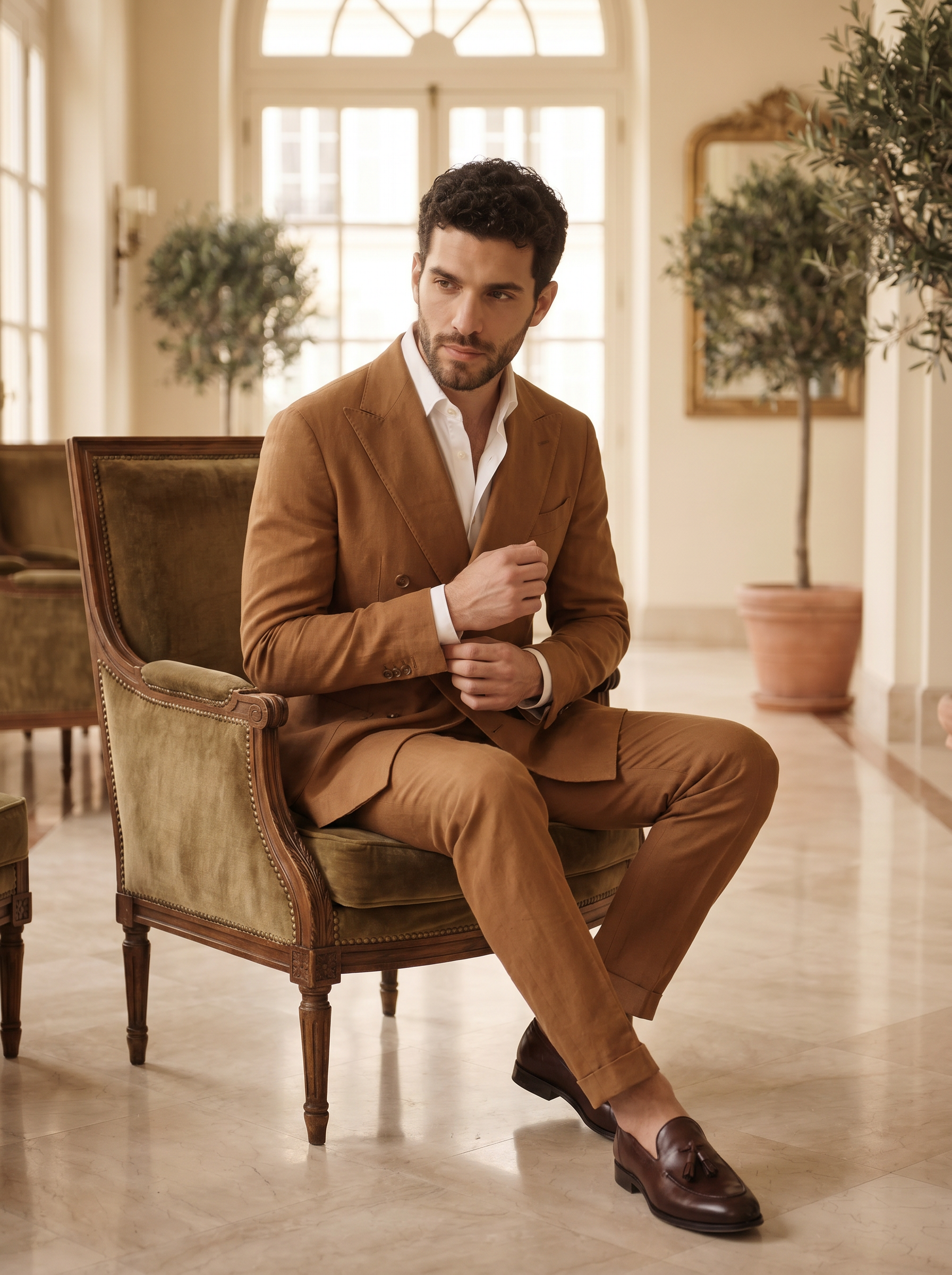 Caramel Cotton Double Breasted Suit — Custom Made to Measure - seated view