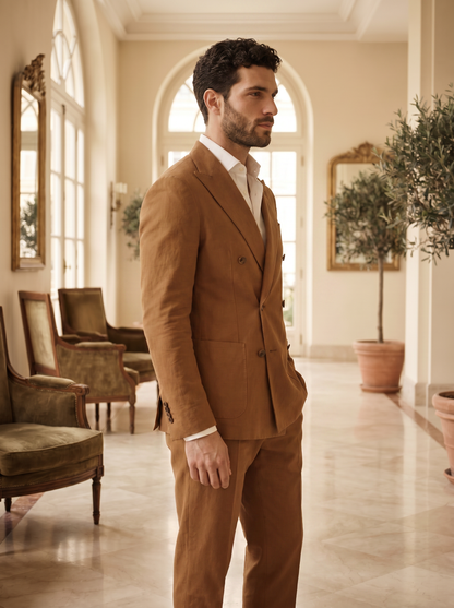 Caramel Cotton Double Breasted Suit — Custom Made to Measure - side view