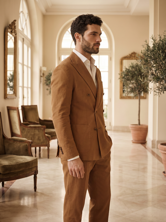 Caramel Cotton Double Breasted Suit — Custom Made to Measure - side view