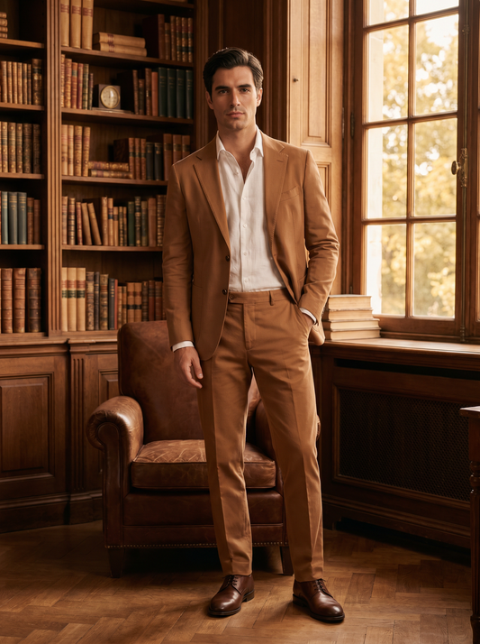 Caramel Cotton Groomsmen Suit — Custom Made to Measure - front view
