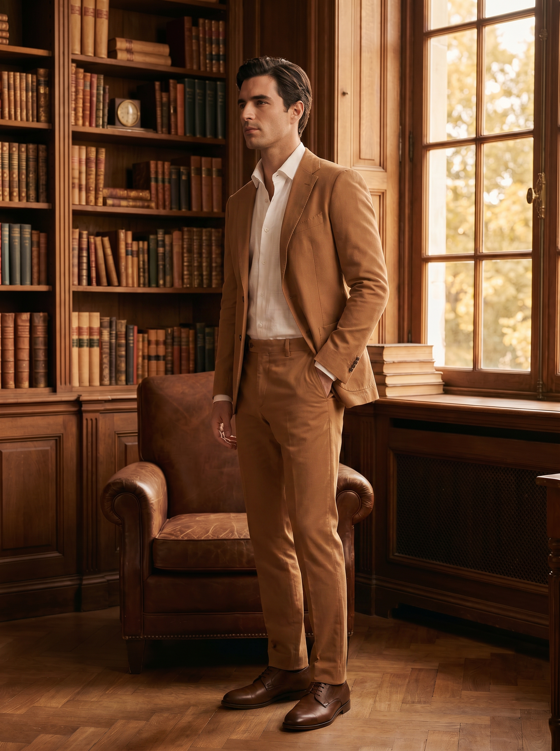 Caramel Cotton Groomsmen Suit — Custom Made to Measure - side view