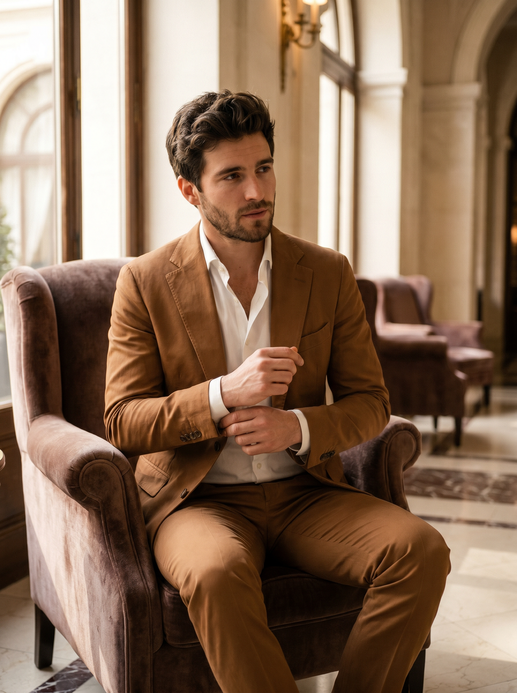 Caramel Cotton Suit — Custom Made to Measure - seated view