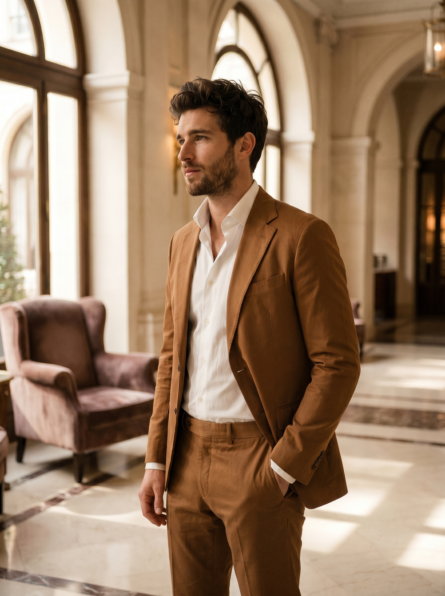 Caramel Cotton Suit — Custom Made to Measure - side view