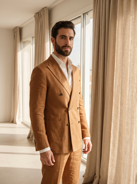 Caramel Linen Double Breasted Suit — Custom Made to Measure - front view