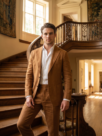 Caramel Linen Groomsmen Suit — Custom Made to Measure - front view