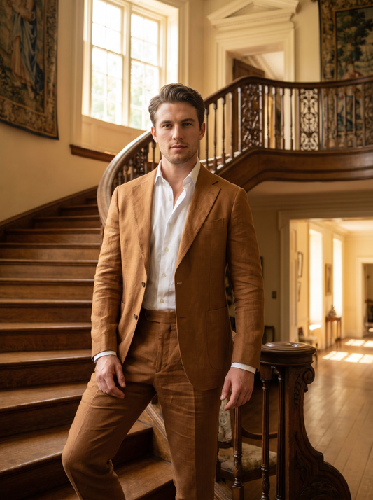 Caramel Linen Groomsmen Suit — Custom Made to Measure - front view