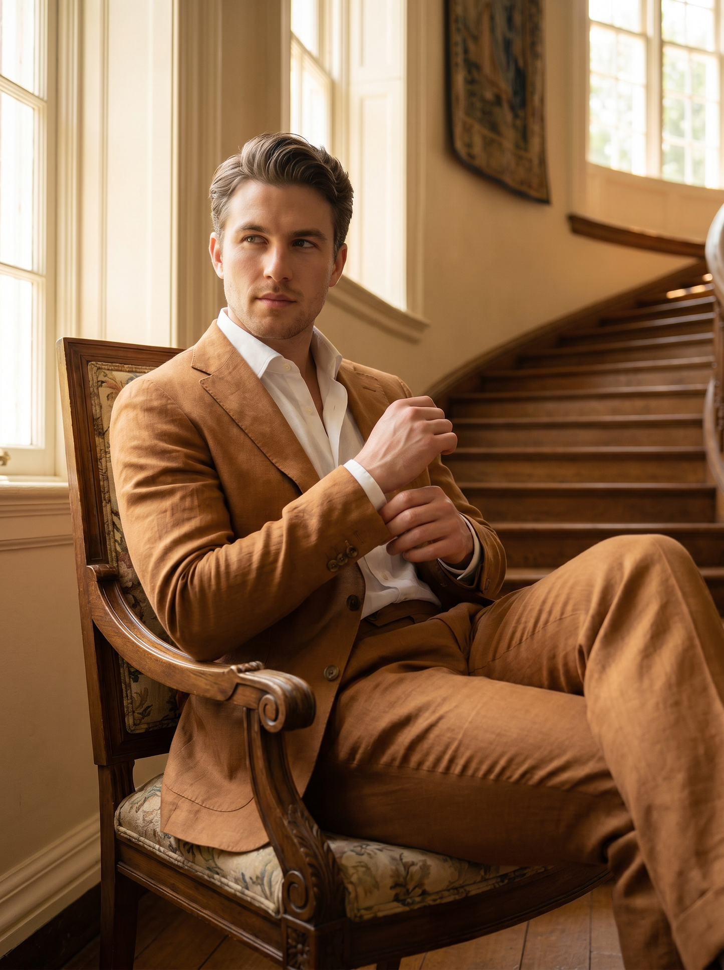 Caramel Linen Groomsmen Suit — Custom Made to Measure - seated view