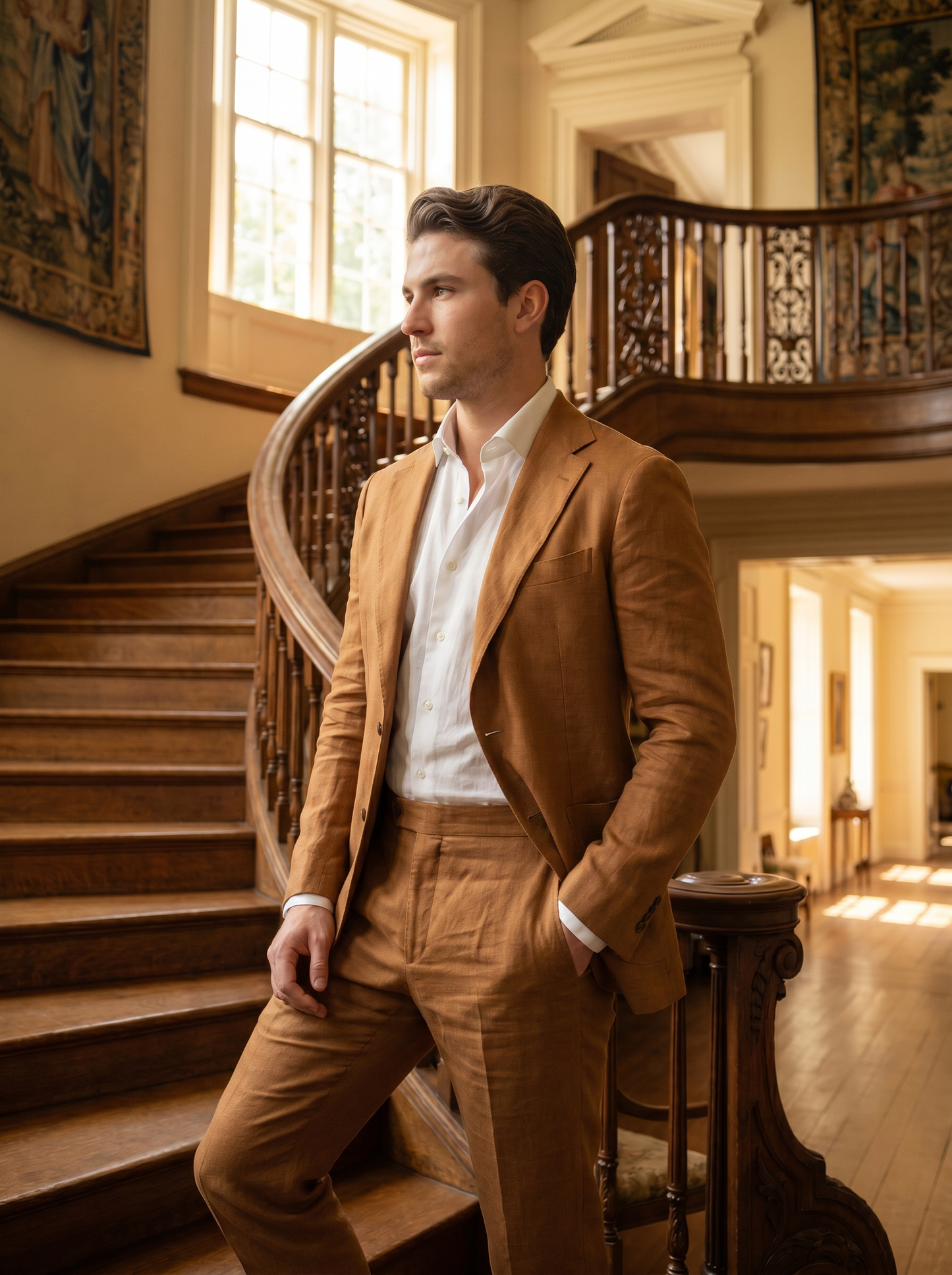 Caramel Linen Groomsmen Suit — Custom Made to Measure - side view