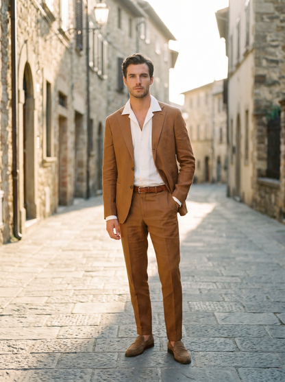 Caramel Linen Suit — Custom Made to Measure - front view