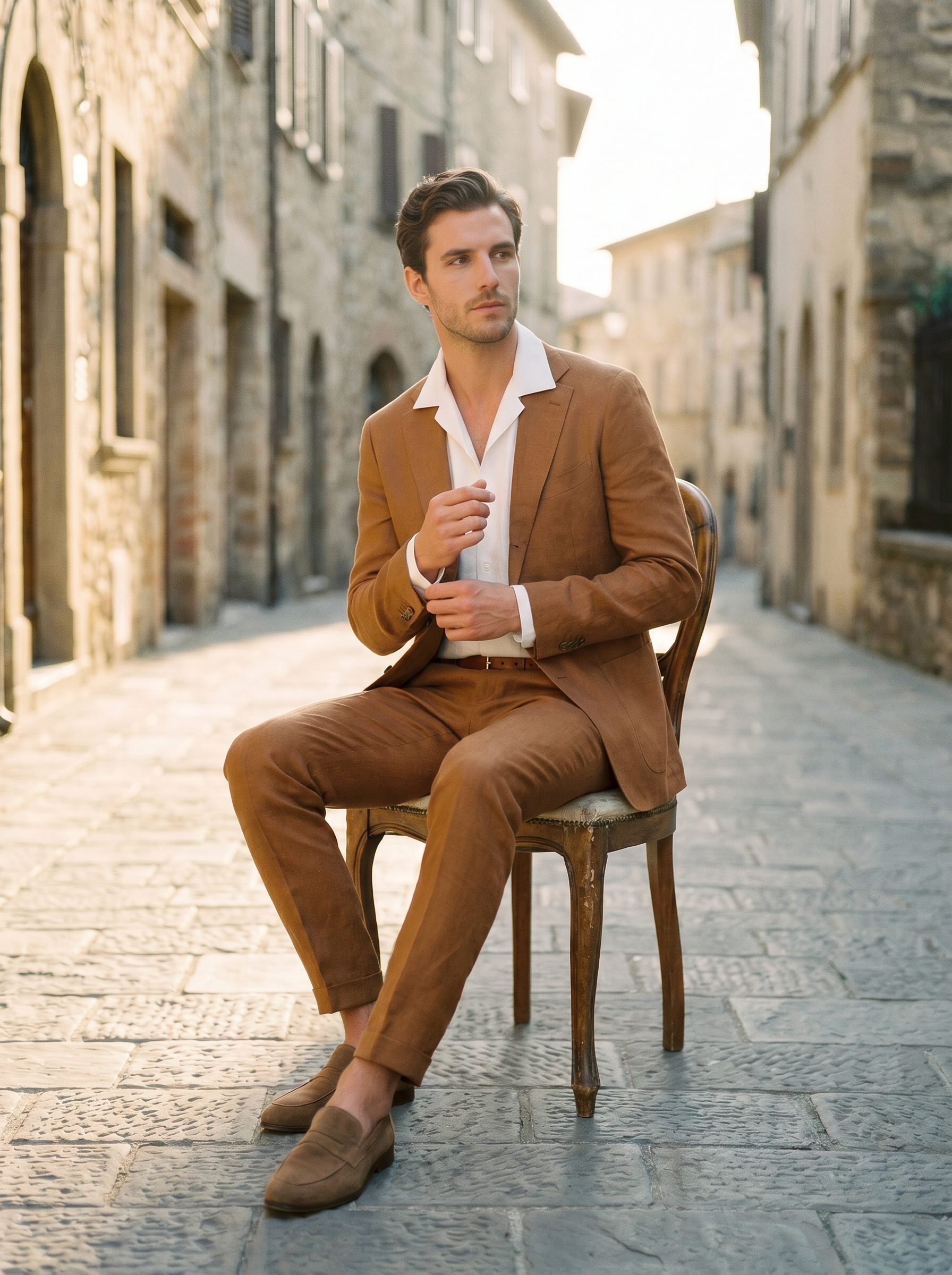 Caramel Linen Suit — Custom Made to Measure - seated view