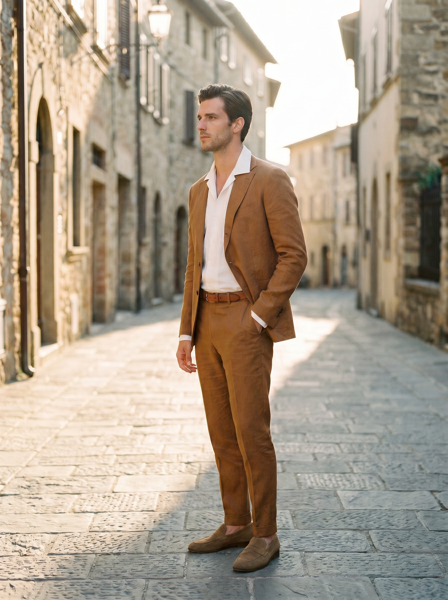 Caramel Linen Suit — Custom Made to Measure - side view