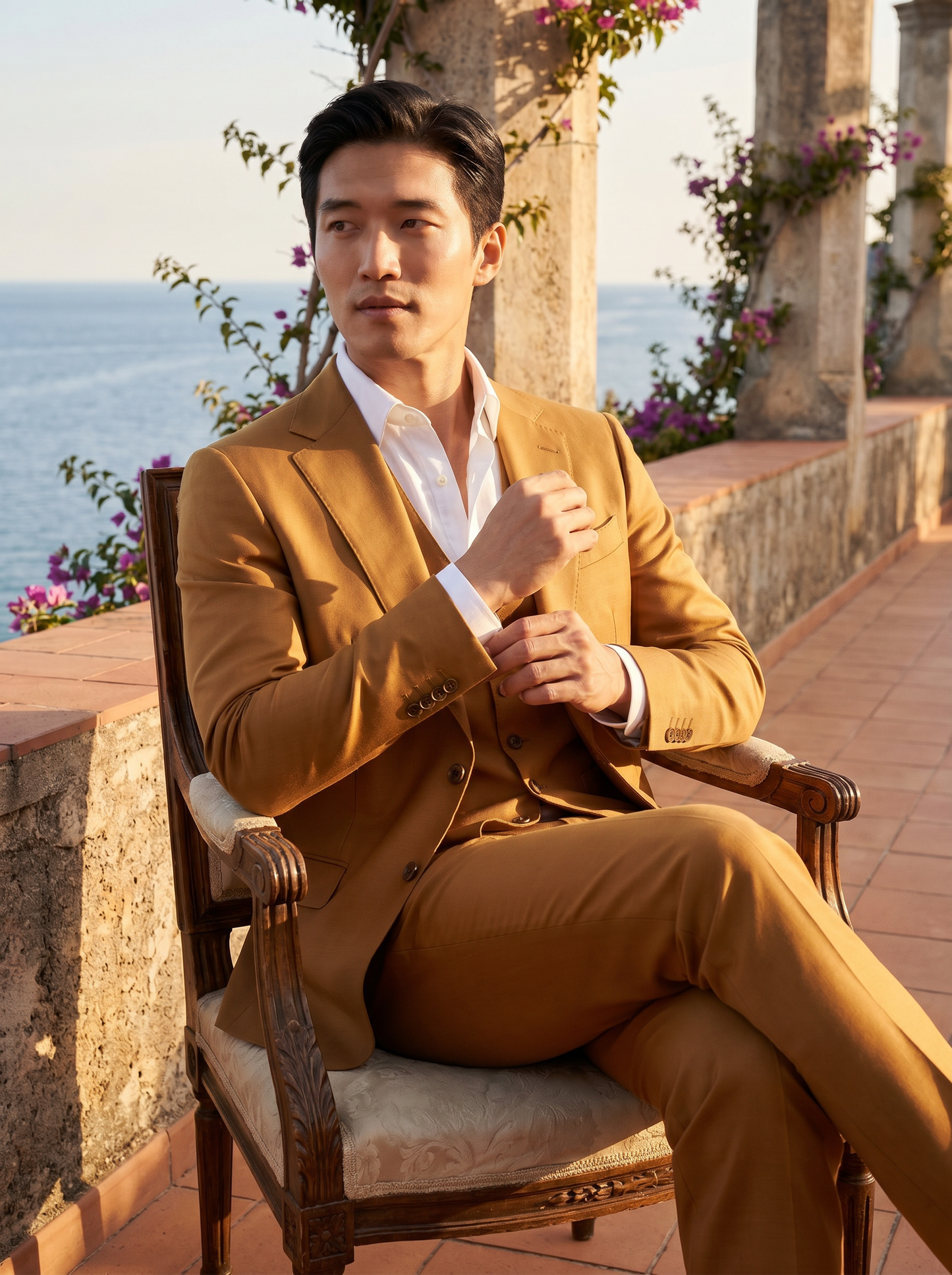Caramel Silk Blend 3-Piece Suit — Custom Made to Measure - seated view