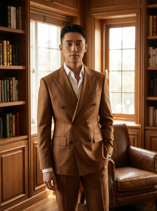 Caramel Silk Blend Double Breasted Suit — Custom Made to Measure - front view