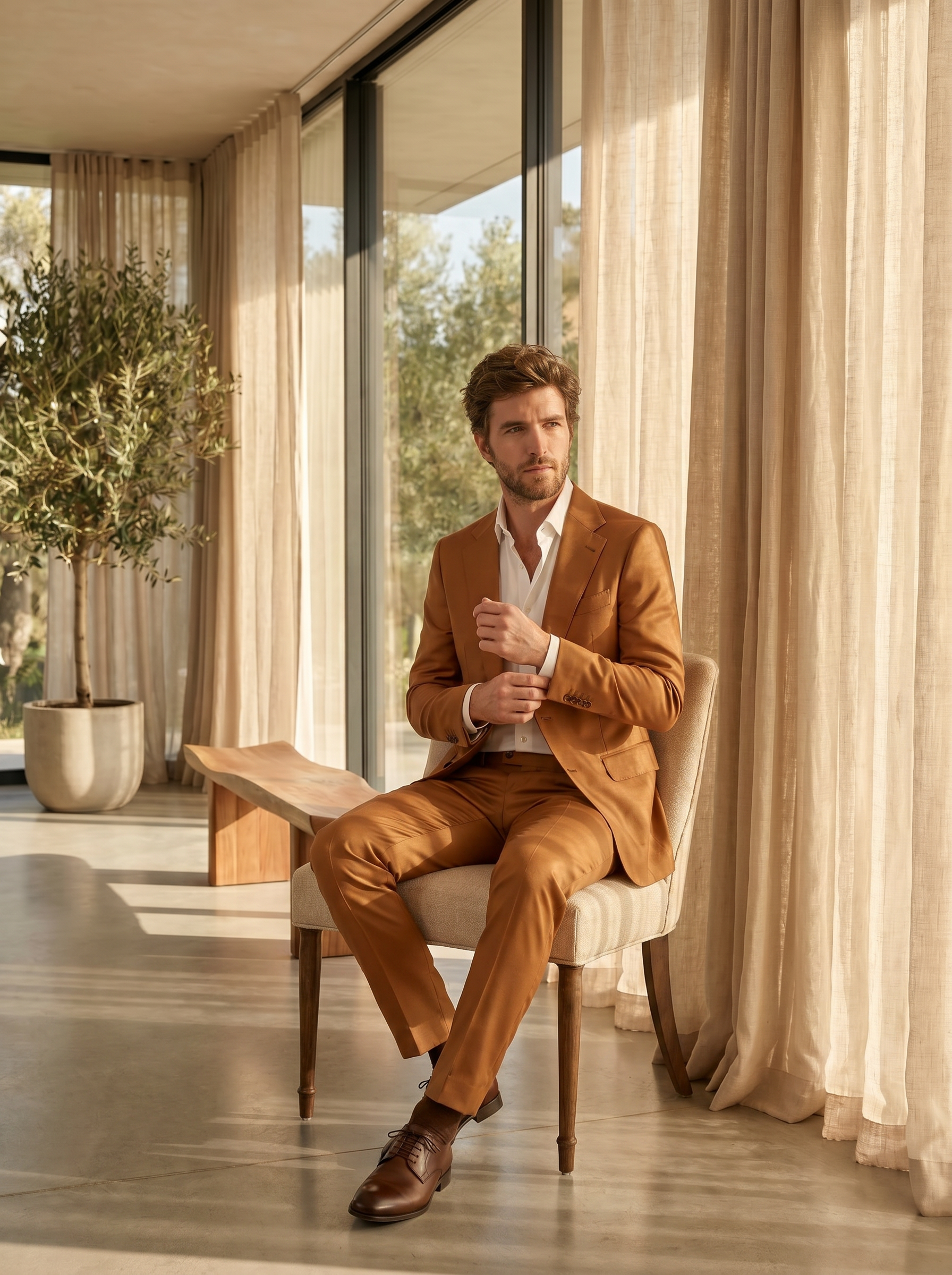 Caramel Silk Blend Suit — Custom Made to Measure - seated view