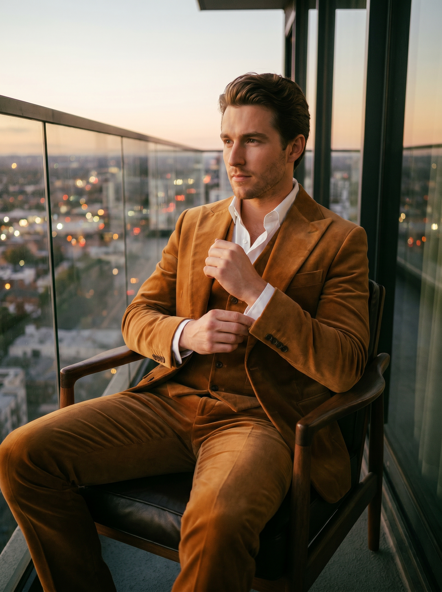 Caramel Velvet 3-Piece Suit — Custom Made to Measure - seated view