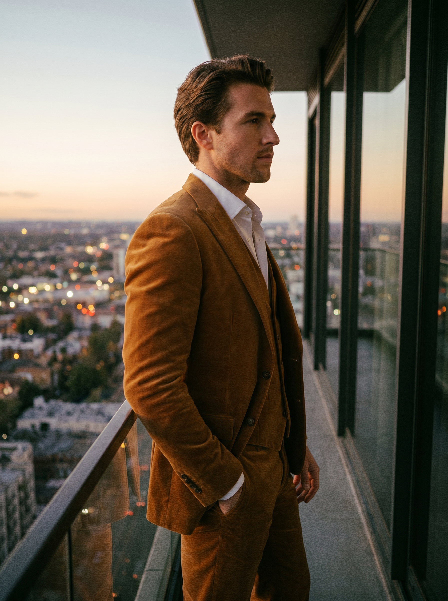 Caramel Velvet 3-Piece Suit — Custom Made to Measure - side view