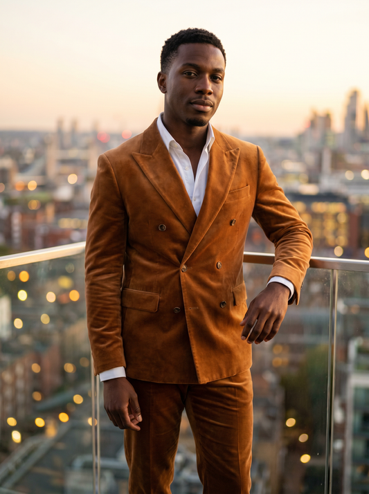 Caramel Velvet Double Breasted Suit — Custom Made to Measure - front view