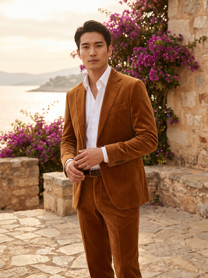 Caramel Velvet Groomsmen Suit — Custom Made to Measure - front view