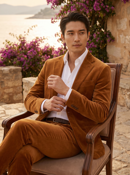 Caramel Velvet Groomsmen Suit — Custom Made to Measure - seated view